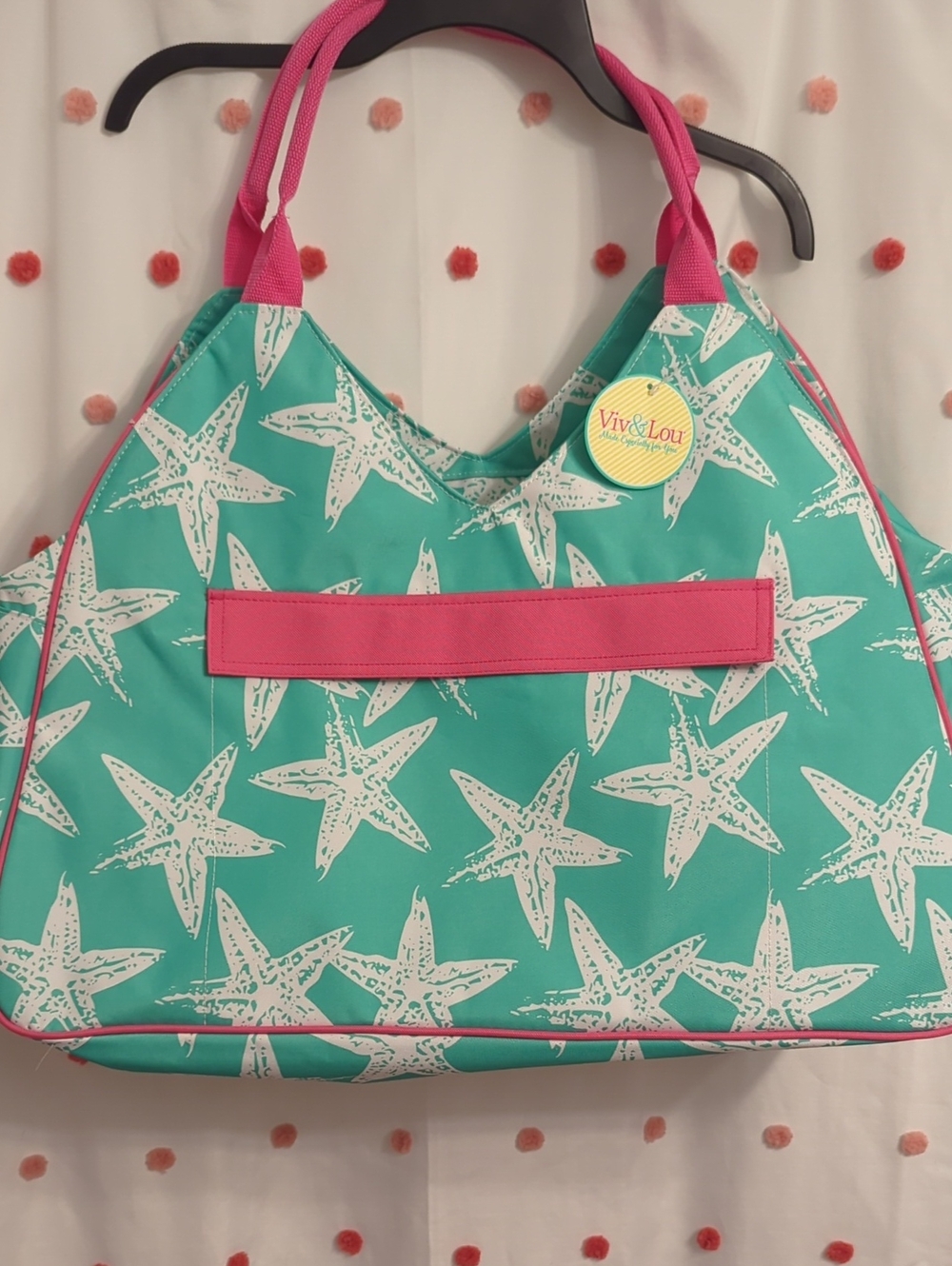 Teal Starfish Travel Tote with Pink Trim
